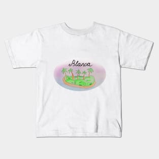 Blanca watercolor Island travel, beach, sea and palm trees. Holidays and rest, summer and relaxation Kids T-Shirt
